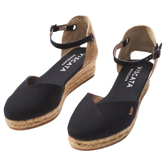 VISCATA Pubol Espadrilles Black Canvas Wedge Heel Sandals Ankle Strap US 7 EU 38 - Picture 1 of 12